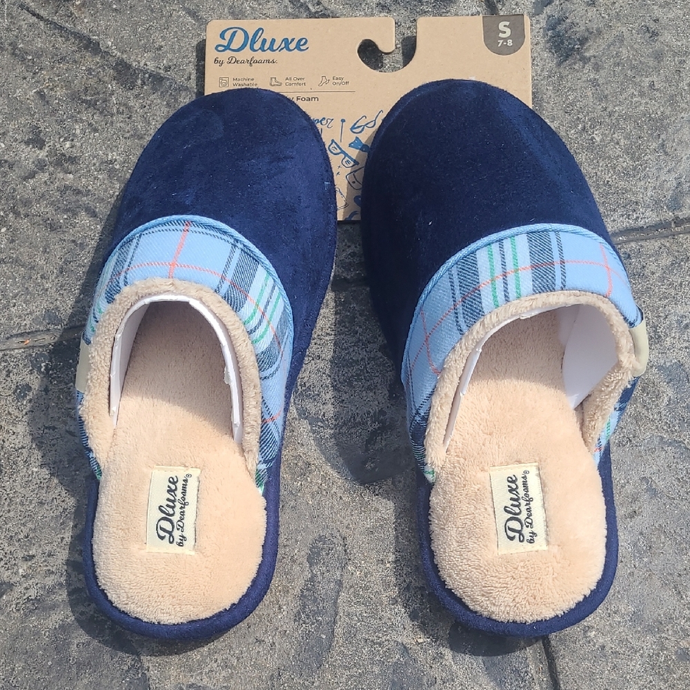 New! Dearfoams Mens Small Blue Worlds Greatest Dad Navy Memory Foam Slippers